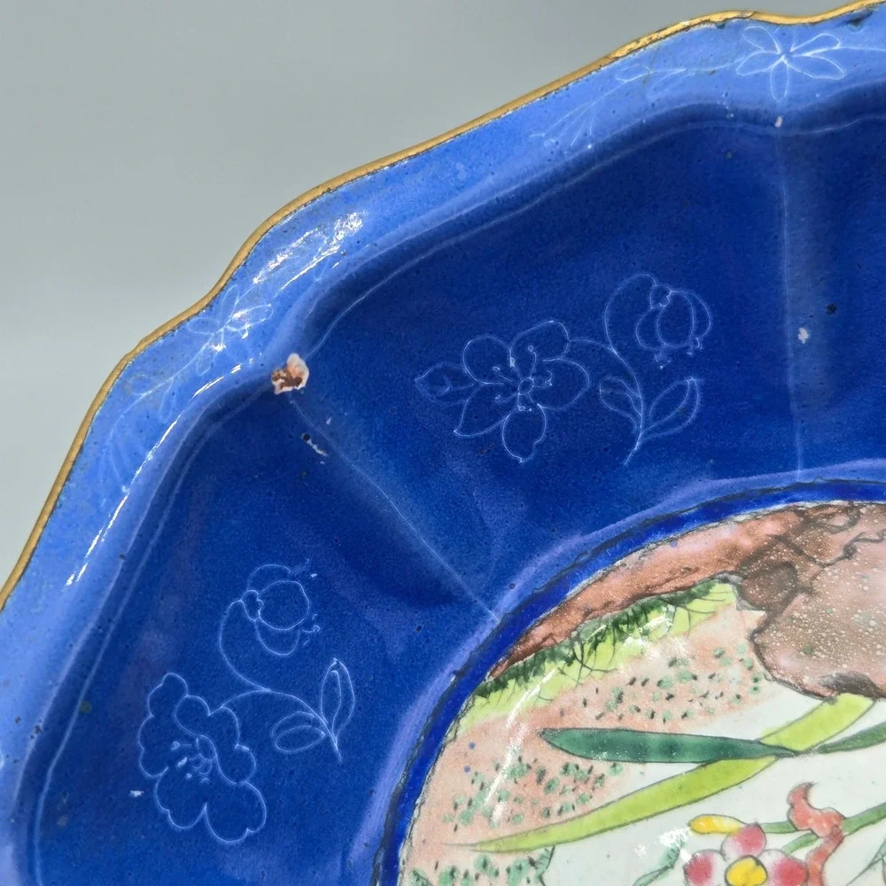 Vintage Chinese Canton Enamel Butterfly Mantis Floral Trinket Bowl Hand Painted